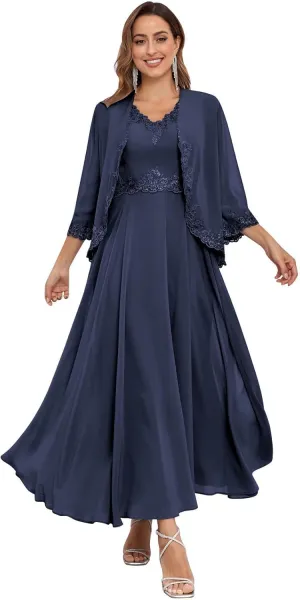 2 Pieces Mother of The Bride Dresses with Jacket Sequins Lace Chiffon Formal Evening Wedding Guest Dress