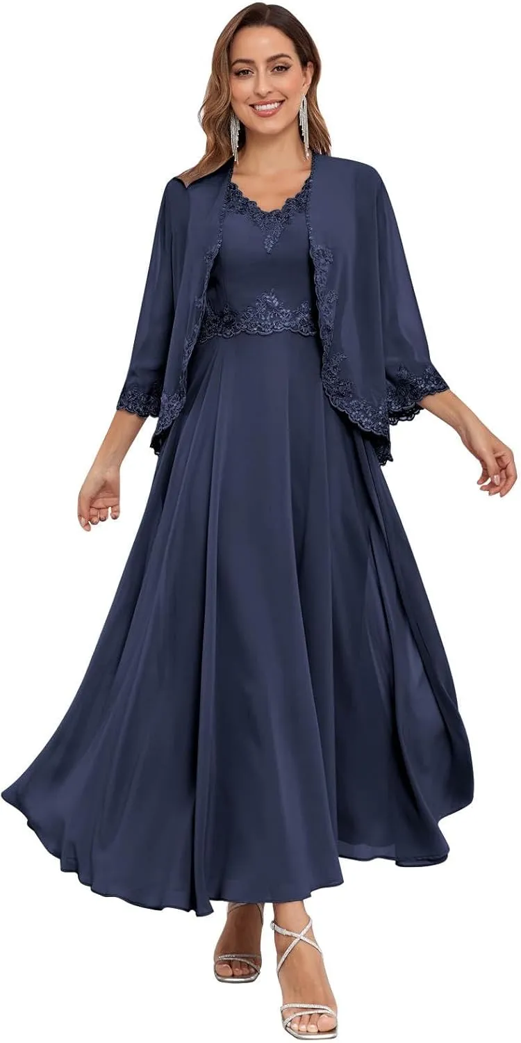 2 Pieces Mother of The Bride Dresses with Jacket Sequins Lace Chiffon Formal Evening Wedding Guest Dress