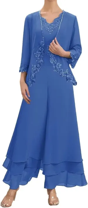 2 Pieces Mother of The Bride Pant Suits Long Sleeve Chiffon Lace Appliques Outfit Set Wedding Guest Dress with Jacket