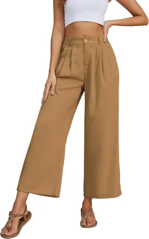2025 Summer for Women Elastic Waist Wide Leg Cropped Pants Trousers Loose Fit with Pockets