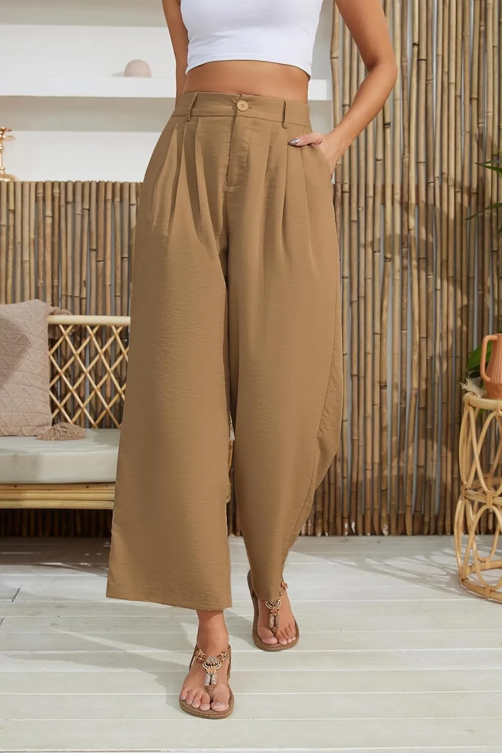 2025 Summer for Women Elastic Waist Wide Leg Cropped Pants Trousers Loose Fit with Pockets