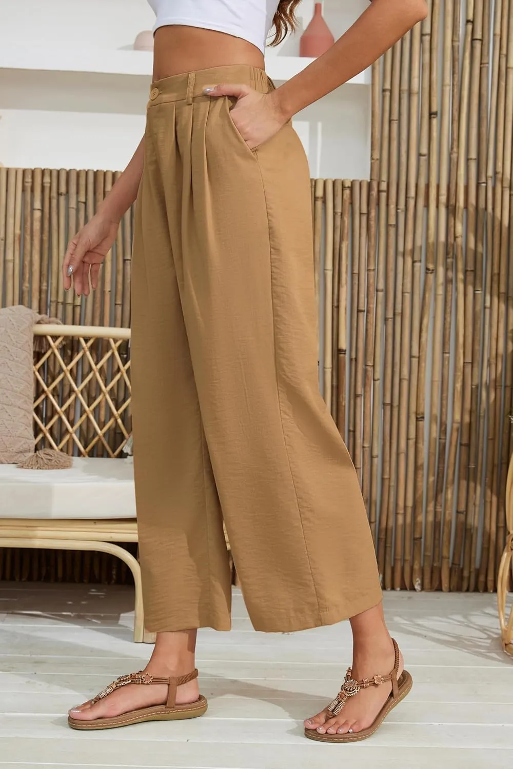 2025 Summer for Women Elastic Waist Wide Leg Cropped Pants Trousers Loose Fit with Pockets