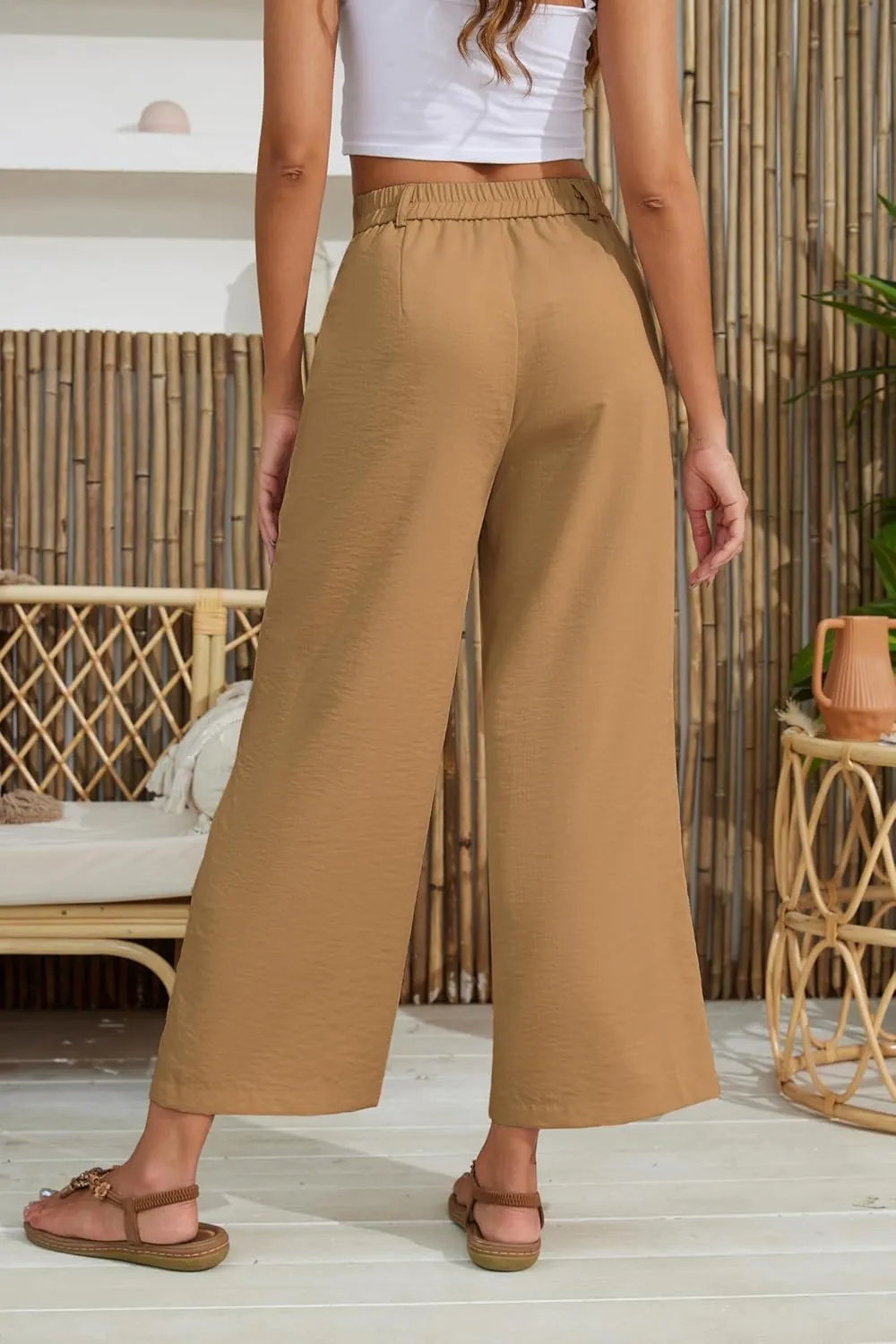 2025 Summer for Women Elastic Waist Wide Leg Cropped Pants Trousers Loose Fit with Pockets