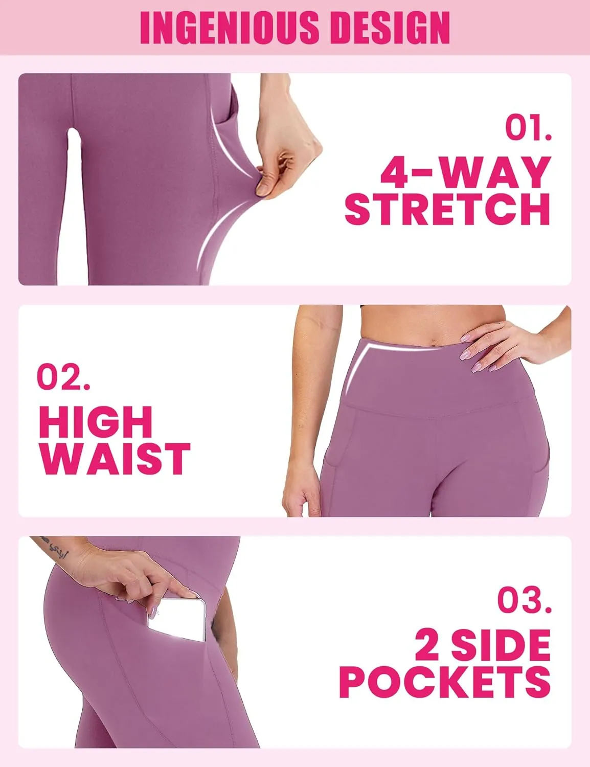 3 Pack Yoga Pants with Pockets for Women, Tummy Control Black Compression Gym Workout Leggings