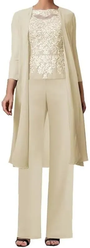 3 Pieces Mother of The Bride Pant Suits for Wedding with Jacket Lace Appliques Formal Pantsuits for Women