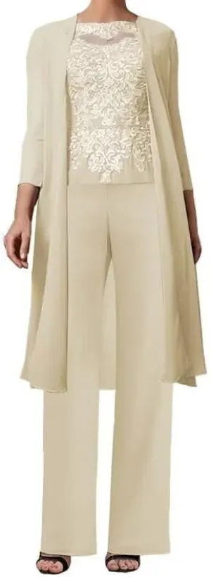 3 Pieces Mother of The Bride Pant Suits for Wedding with Jacket Lace Appliques Formal Pantsuits for Women