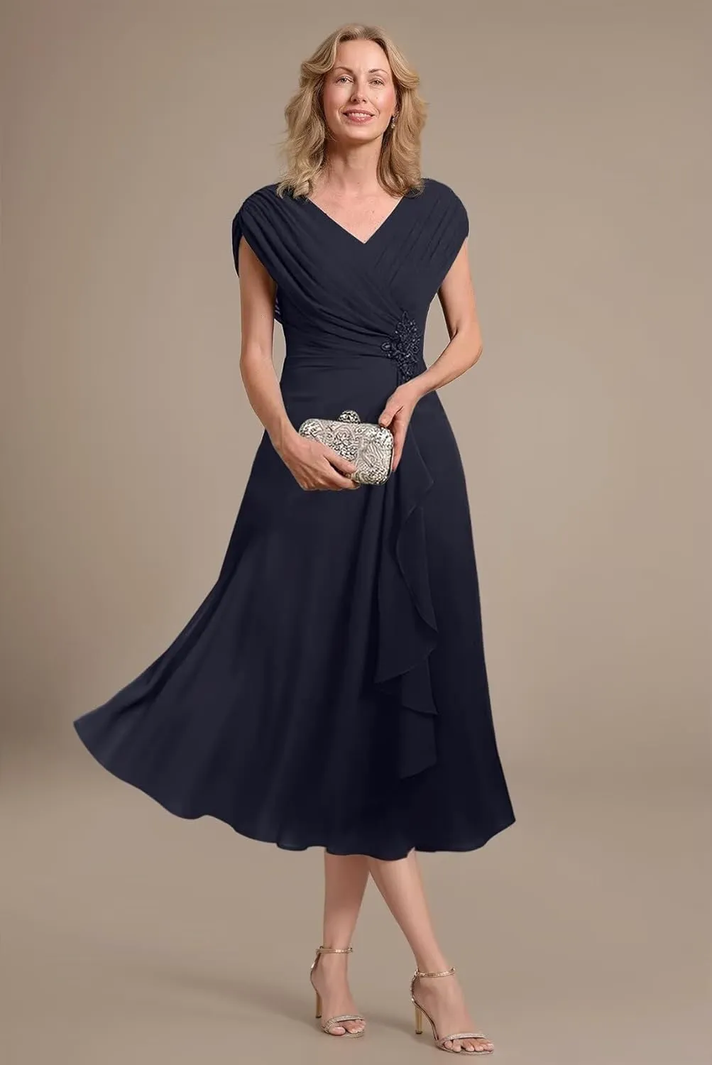 A Line Chiffon Mother of The Bride Dress Tea Length V Neck Formal Evening Dresses Hi007