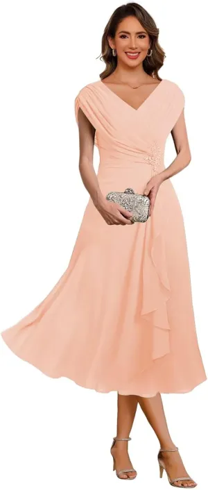 A Line Chiffon Mother of The Bride Dress Tea Length V Neck Formal Evening Dresses Hi007