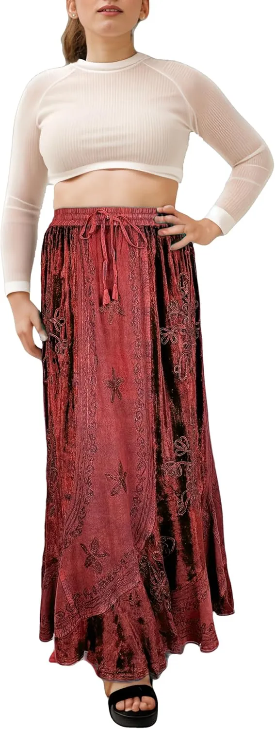 Agan Traders Women's 2025 Summer Winter Rayon Velvet Vintage Boho Embroidered High Waist Maxi Skirt - Long Skirts for Women