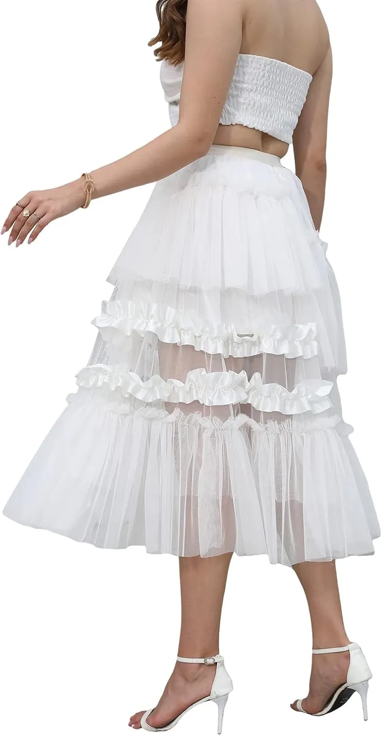 Awoscut Women Girl Sheer Mesh Tutu Long Skirt Elastic Waist Tiered Tulle Layered Princess Wedding Evening Midi Skirt