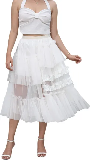 Awoscut Women Girl Sheer Mesh Tutu Long Skirt Elastic Waist Tiered Tulle Layered Princess Wedding Evening Midi Skirt