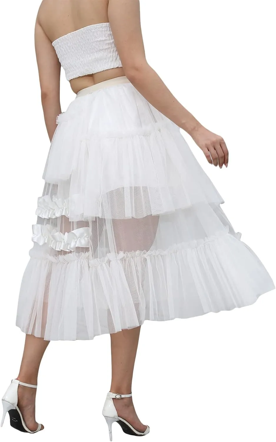 Awoscut Women Girl Sheer Mesh Tutu Long Skirt Elastic Waist Tiered Tulle Layered Princess Wedding Evening Midi Skirt