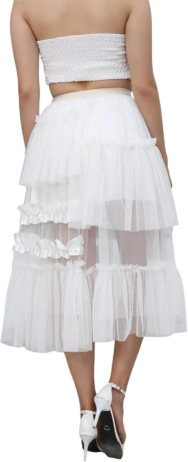 Awoscut Women Girl Sheer Mesh Tutu Long Skirt Elastic Waist Tiered Tulle Layered Princess Wedding Evening Midi Skirt