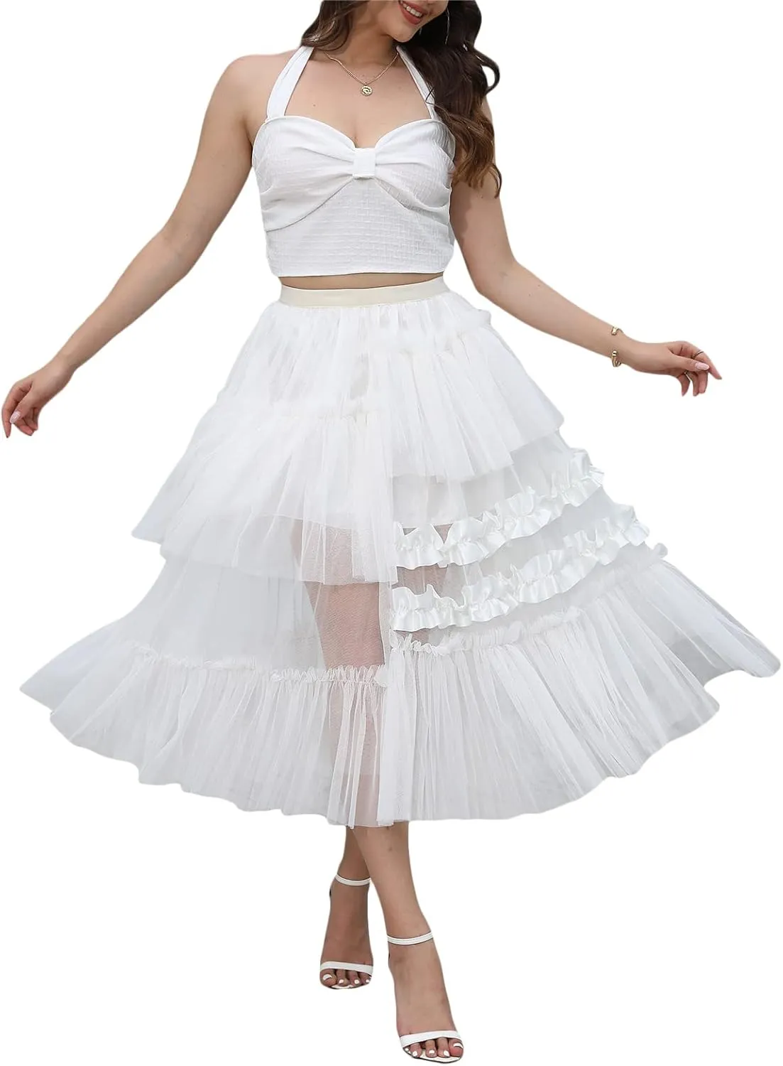Awoscut Women Girl Sheer Mesh Tutu Long Skirt Elastic Waist Tiered Tulle Layered Princess Wedding Evening Midi Skirt