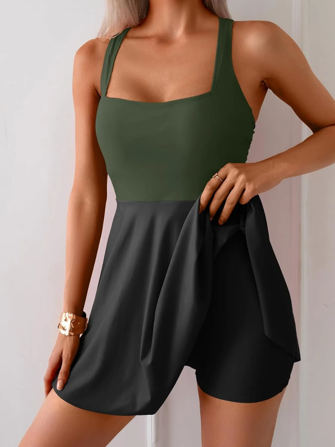 B2prity Women's One Piece Swimdress Swimsuit Tummy Control Swim Dress Modest Full Coverage Bathing Suit with Skirt