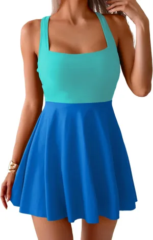 B2prity Women's One Piece Swimdress Swimsuit Tummy Control Swim Dress Modest Full Coverage Bathing Suit with Skirt