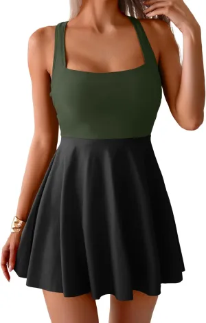B2prity Women's One Piece Swimdress Swimsuit Tummy Control Swim Dress Modest Full Coverage Bathing Suit with Skirt