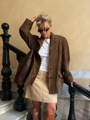 Back To School Joskaa Chic Brown Suede Jacket For Women Elegant Lapel Long Sleeve Single Breasted Pockets Coats Autumn Office Lady Commuting Outwear
