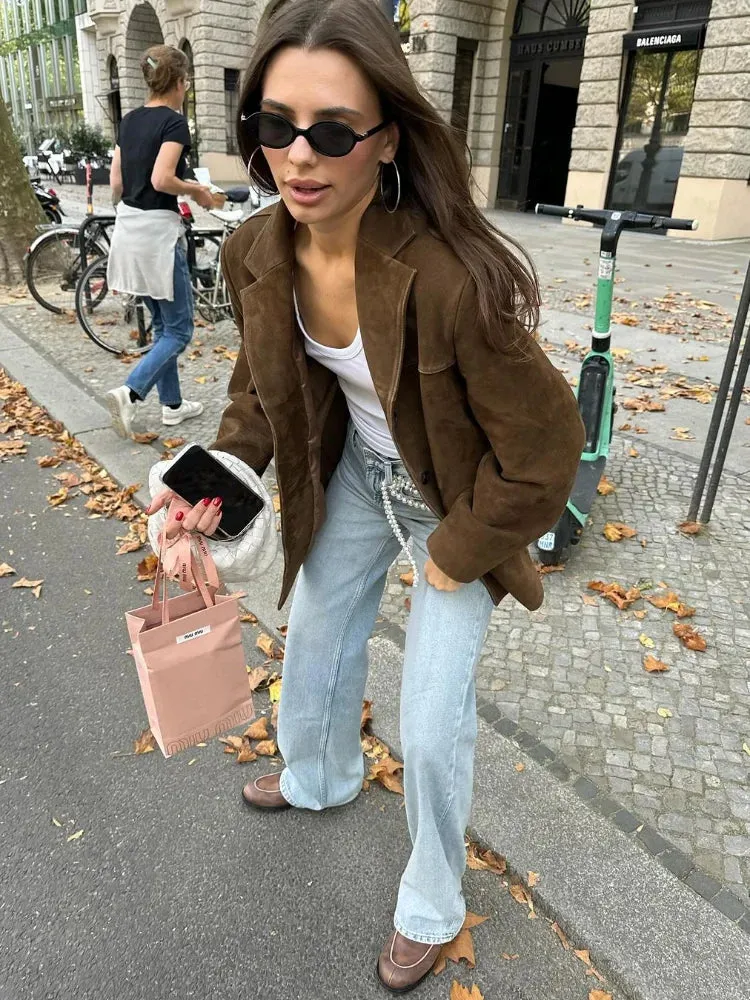 Back To School Joskaa Chic Brown Suede Jacket For Women Elegant Lapel Long Sleeve Single Breasted Pockets Coats Autumn Office Lady Commuting Outwear