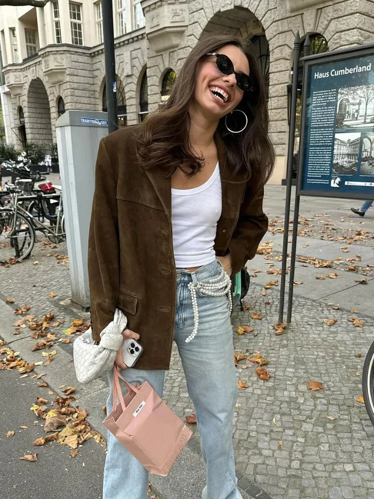 Back To School Joskaa Chic Brown Suede Jacket For Women Elegant Lapel Long Sleeve Single Breasted Pockets Coats Autumn Office Lady Commuting Outwear