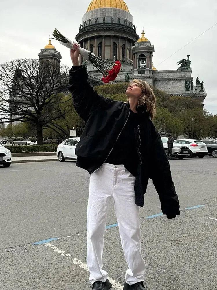 Back To School Joskaa Vintage Zipper Pocket Casual Long Sleeve Jacket For Women Chic Round Neck Office Coats 2024 New Winter Female Street Outerwear