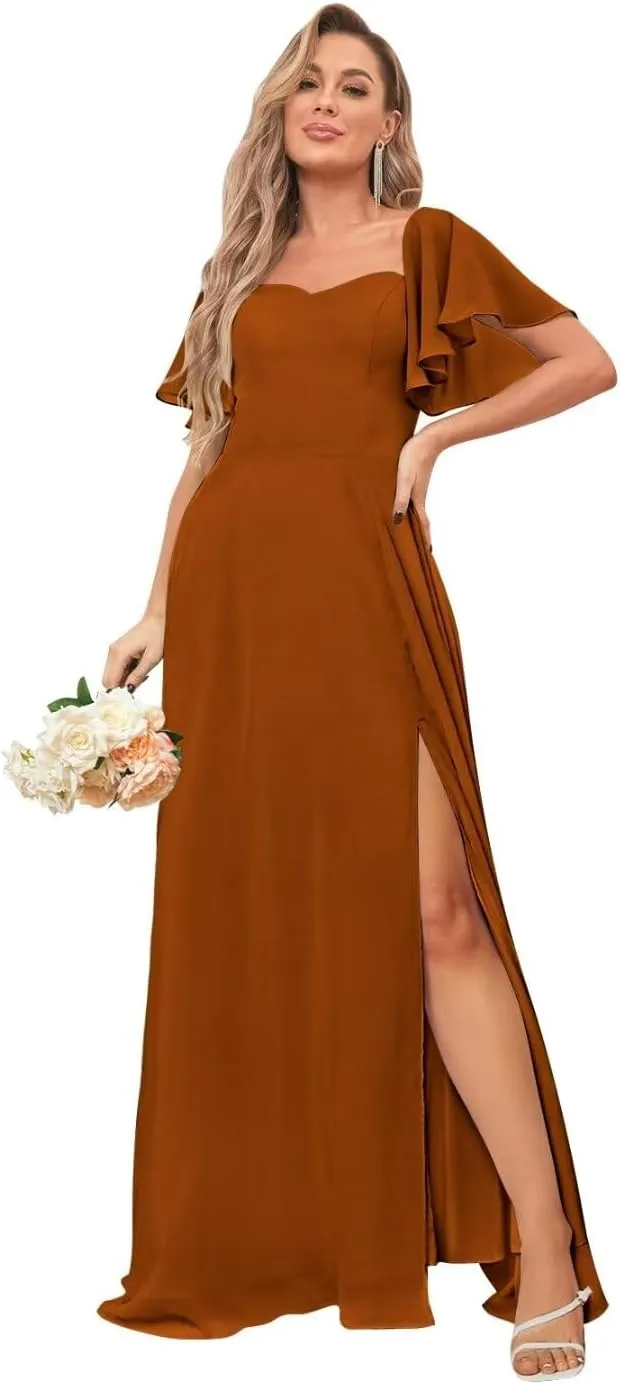BANTRATIC Short Sleeve Long Bridesmaid Dresses with Slit Chiffon Prom Square Neck Formal A Line Evening Gown