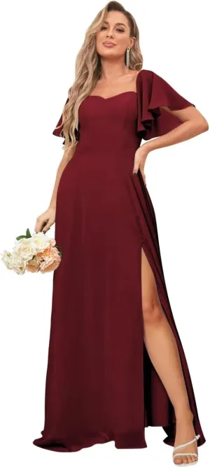 BANTRATIC Short Sleeve Long Bridesmaid Dresses with Slit Chiffon Prom Square Neck Formal A Line Evening Gown