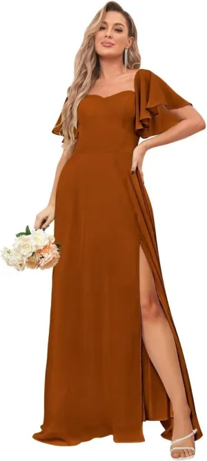 BANTRATIC Short Sleeve Long Bridesmaid Dresses with Slit Chiffon Prom Square Neck Formal A Line Evening Gown
