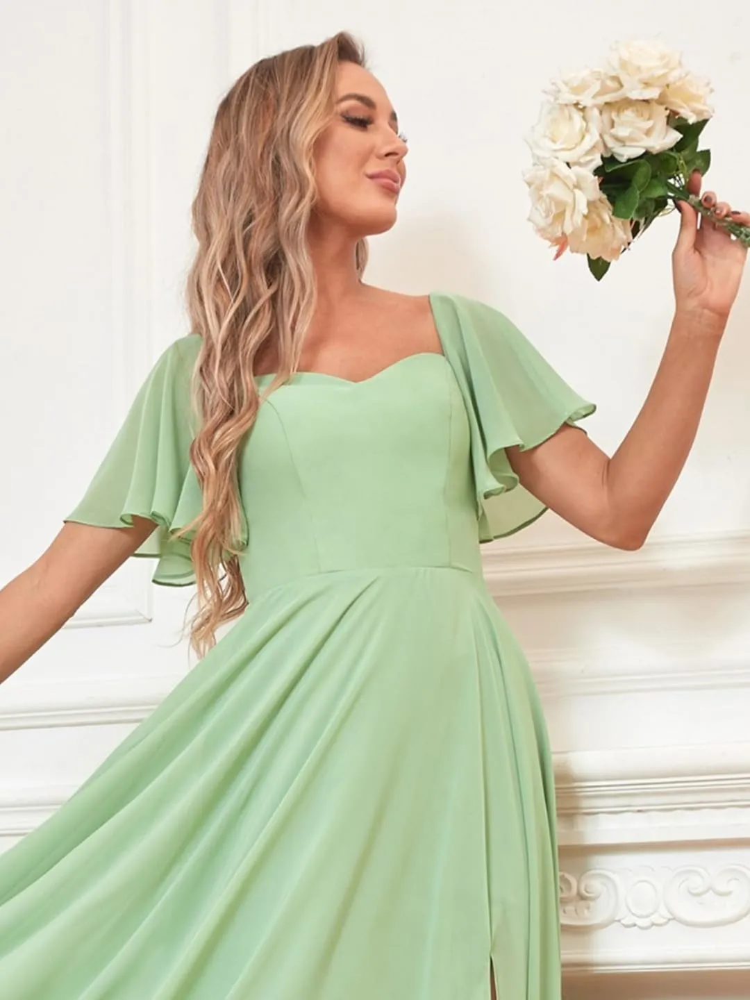 BANTRATIC Short Sleeve Long Bridesmaid Dresses with Slit Chiffon Prom Square Neck Formal A Line Evening Gown