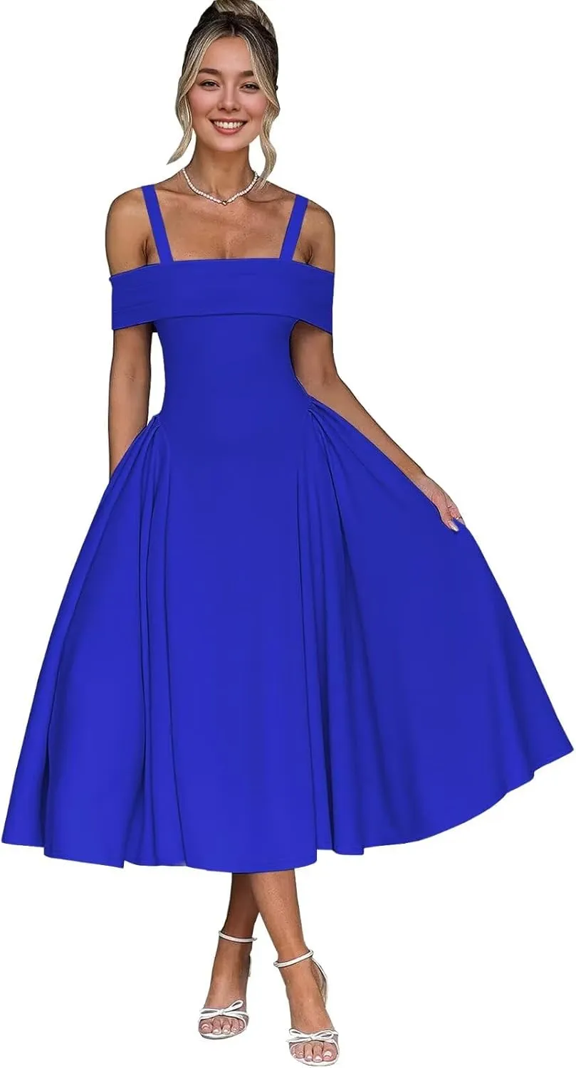 Bardot Neckline Formal Midi Dress for Women Elegant Plus Size Tea Length Prom Party Dresses Swing A Line