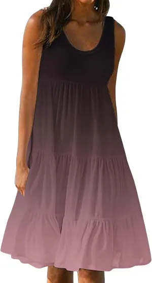 Beach Dresses for Women Summer Casual Sleeveless Crewneck Sundress Flowy Tiered Midi Travel Vacation Midi Dress
