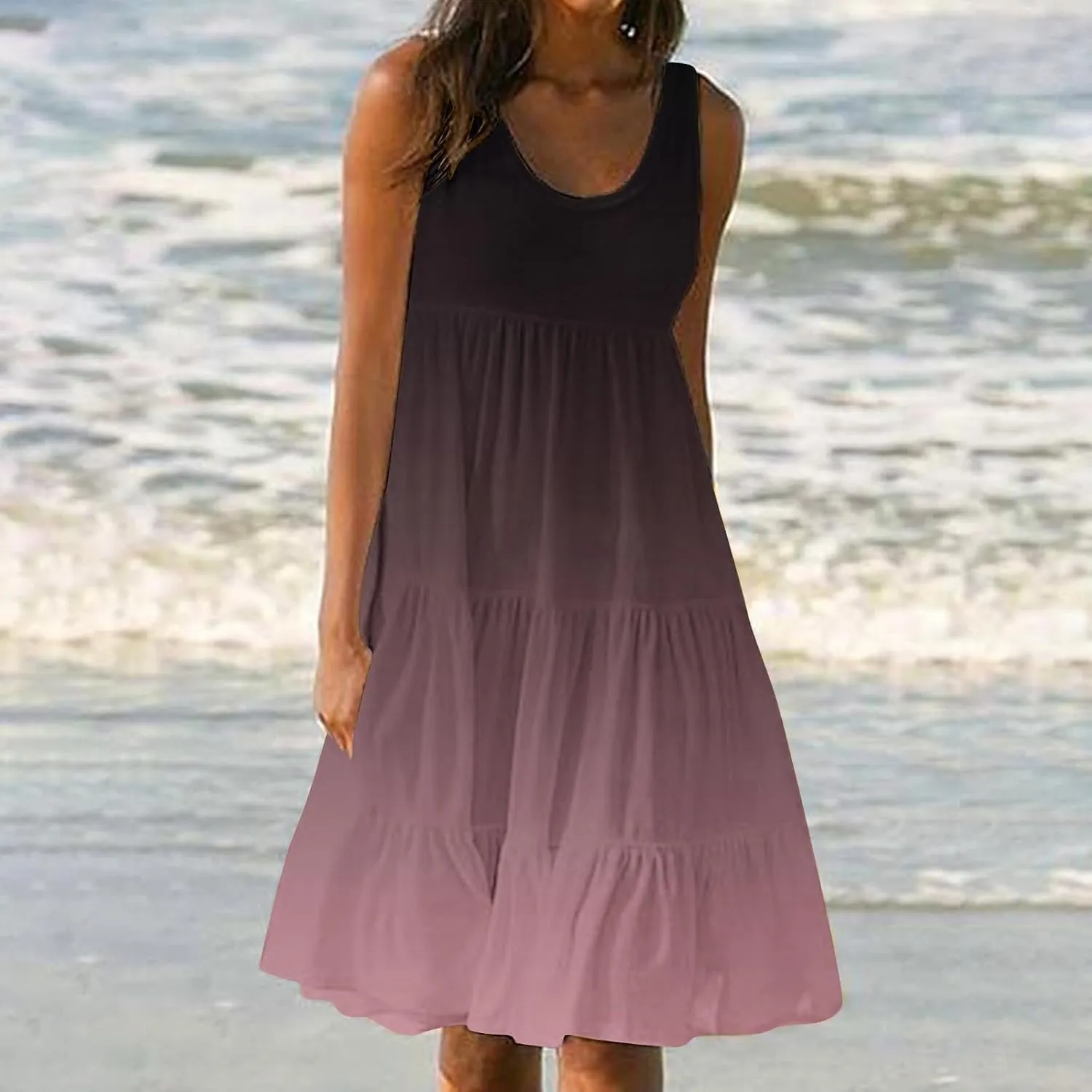 Beach Dresses for Women Summer Casual Sleeveless Crewneck Sundress Flowy Tiered Midi Travel Vacation Midi Dress