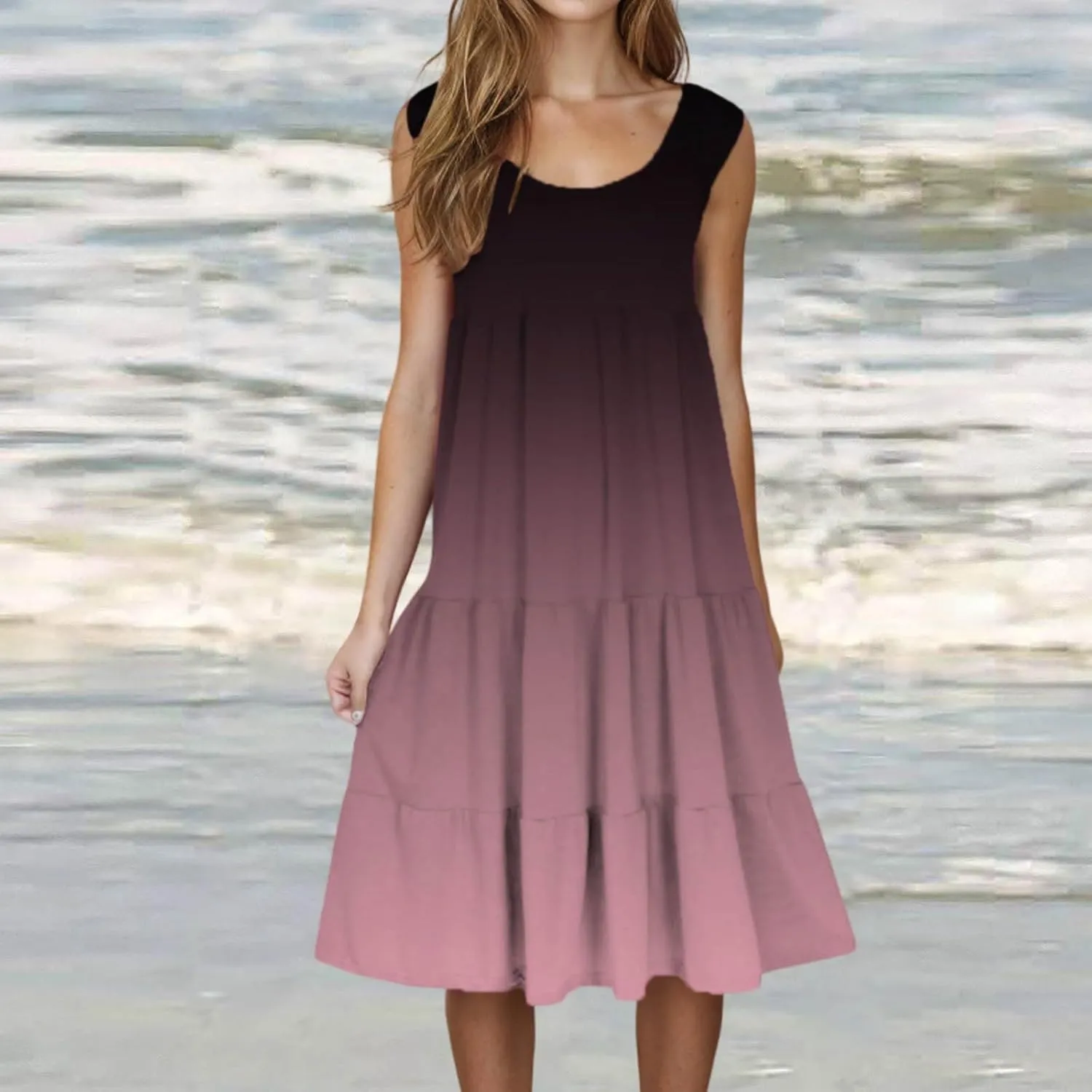 Beach Dresses for Women Summer Casual Sleeveless Crewneck Sundress Flowy Tiered Midi Travel Vacation Midi Dress
