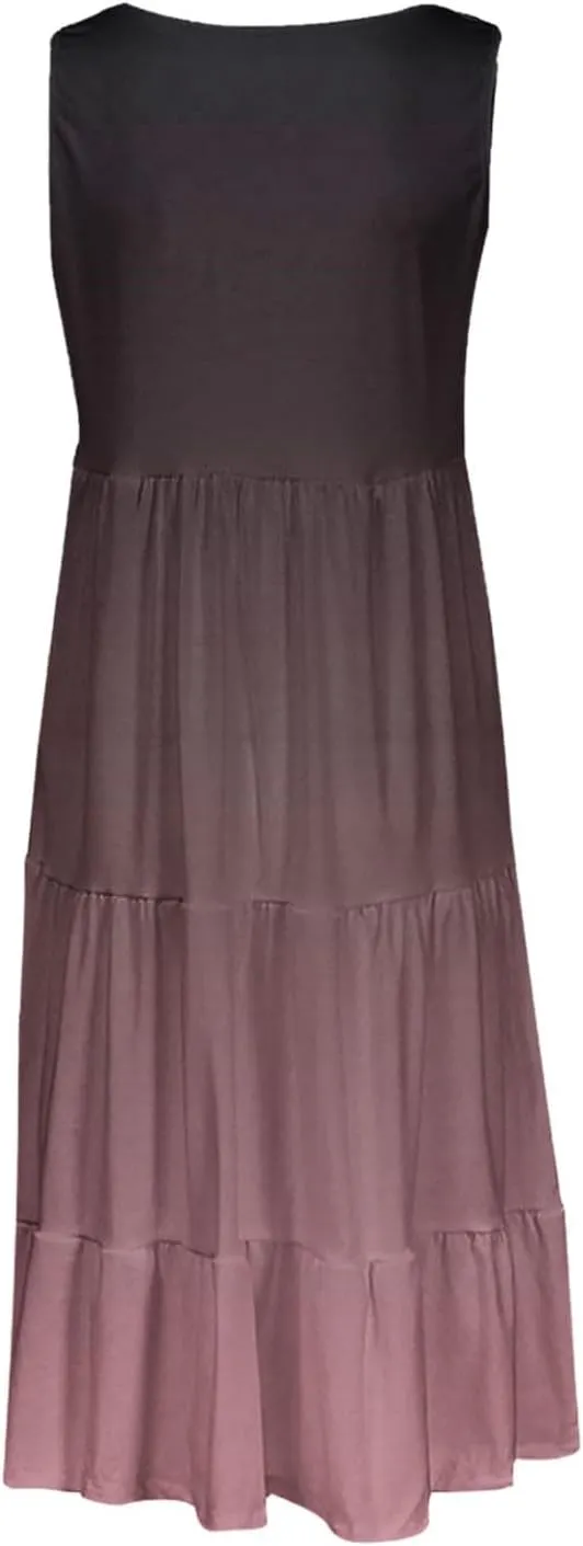 Beach Dresses for Women Summer Casual Sleeveless Crewneck Sundress Flowy Tiered Midi Travel Vacation Midi Dress