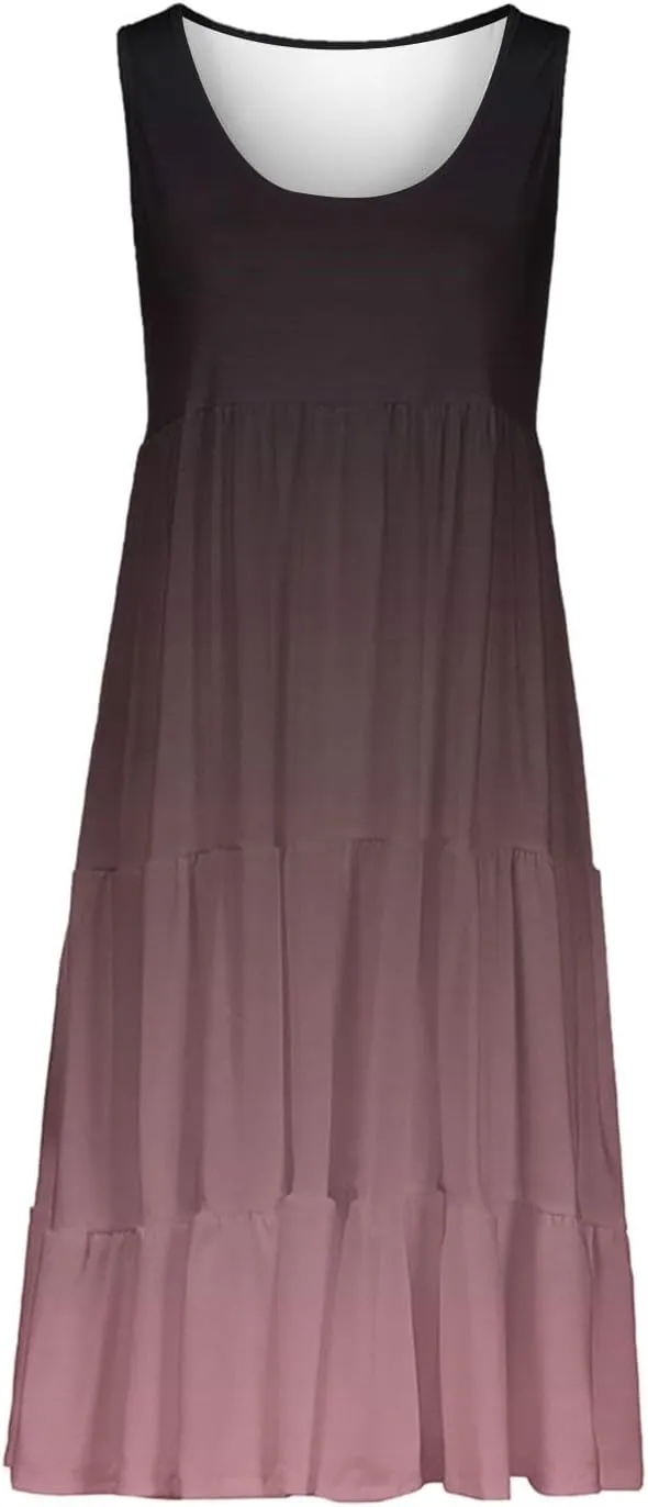 Beach Dresses for Women Summer Casual Sleeveless Crewneck Sundress Flowy Tiered Midi Travel Vacation Midi Dress