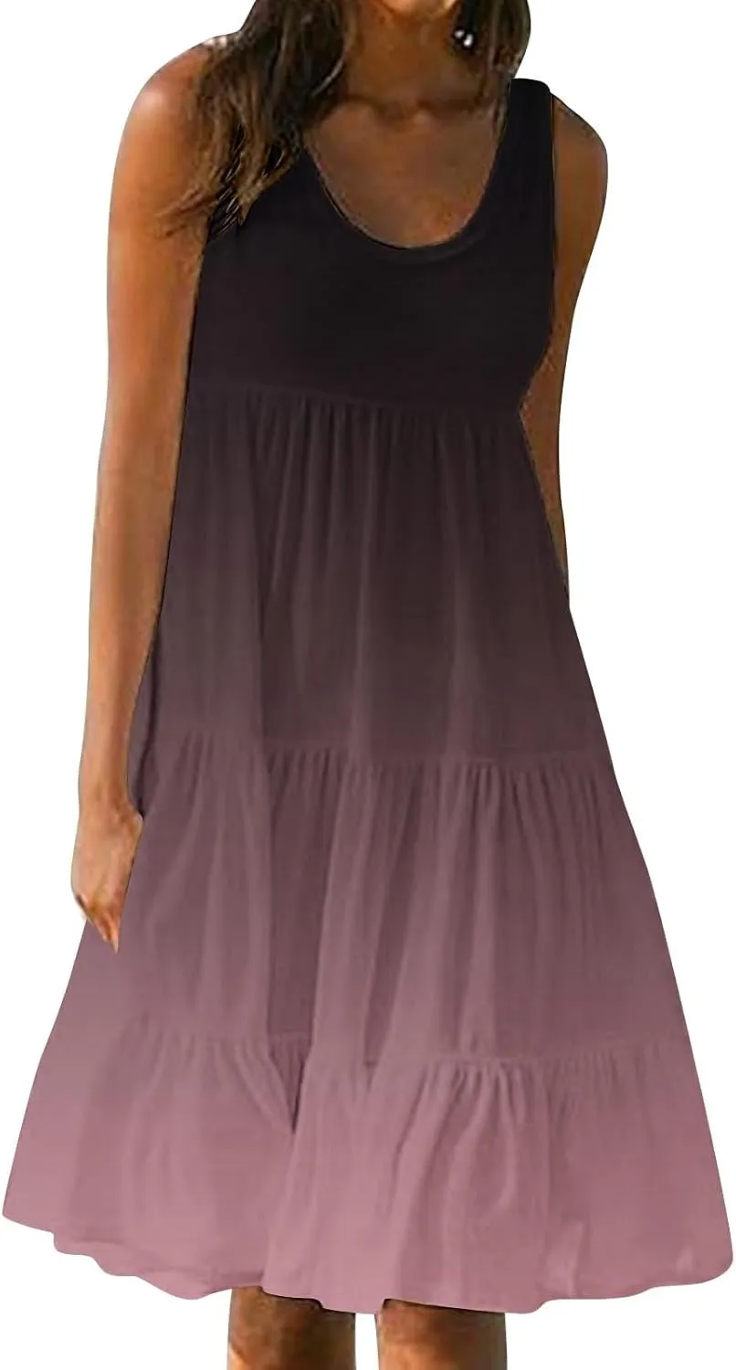 Beach Dresses for Women Summer Casual Sleeveless Crewneck Sundress Flowy Tiered Midi Travel Vacation Midi Dress