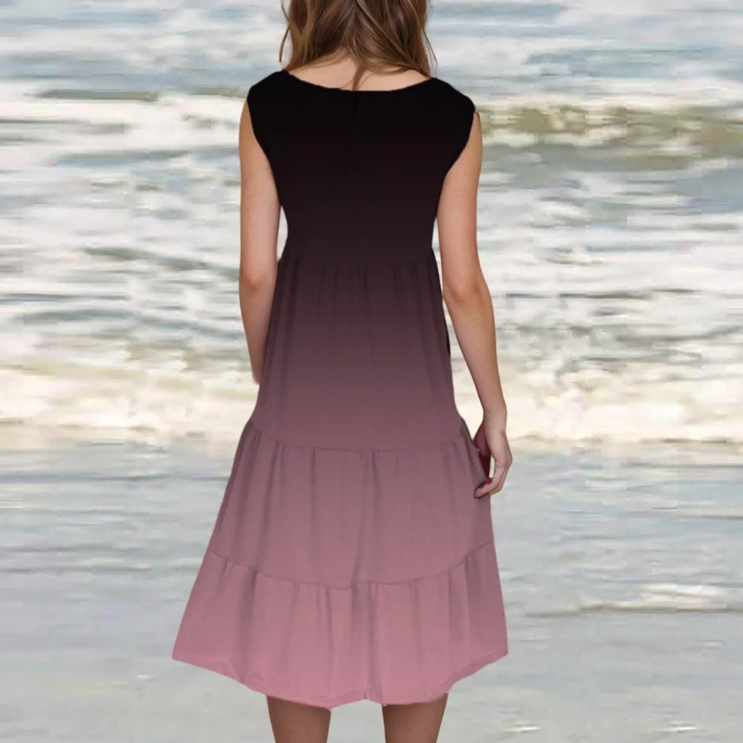 Beach Dresses for Women Summer Casual Sleeveless Crewneck Sundress Flowy Tiered Midi Travel Vacation Midi Dress