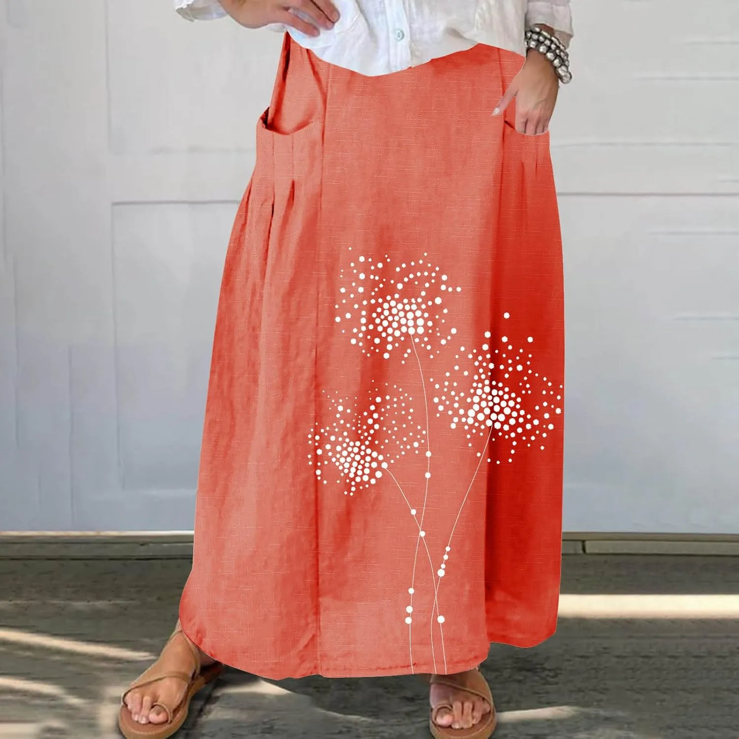 Beach Skirts for Women Fashion Floral Graphic Printed Stretchy Waisted Pleated Skirt Oversized Boho Vacation Skirt