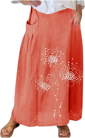 Beach Skirts for Women Fashion Floral Graphic Printed Stretchy Waisted Pleated Skirt Oversized Boho Vacation Skirt
