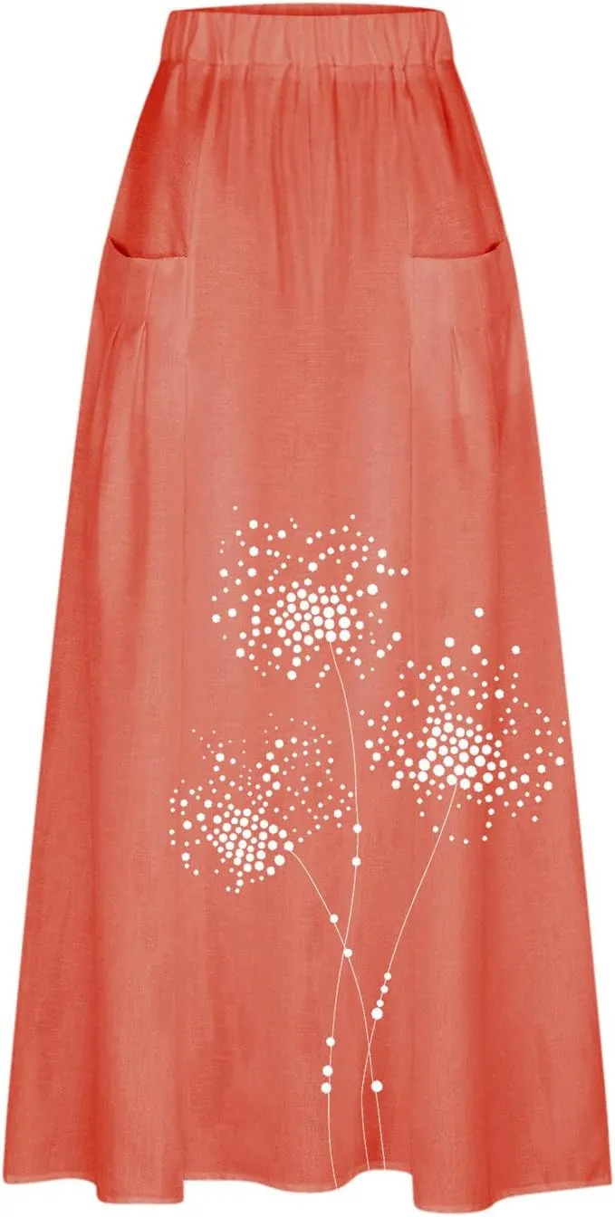 Beach Skirts for Women Fashion Floral Graphic Printed Stretchy Waisted Pleated Skirt Oversized Boho Vacation Skirt