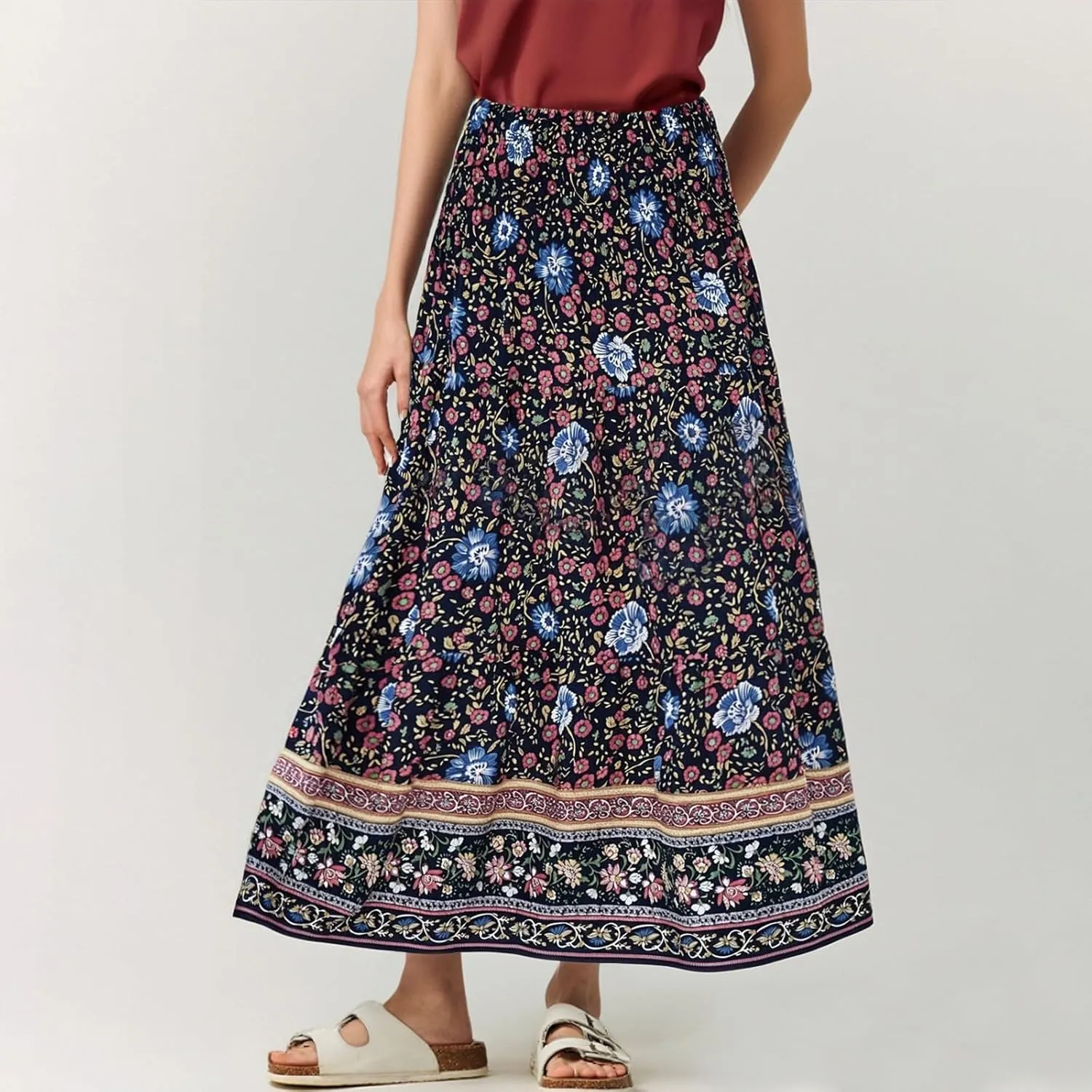 Boho Maxi Skirts for Women,2025 Summer Flowy High Waist A Line Vacation Skirt Elegant Pleated Floral Beach Skirts