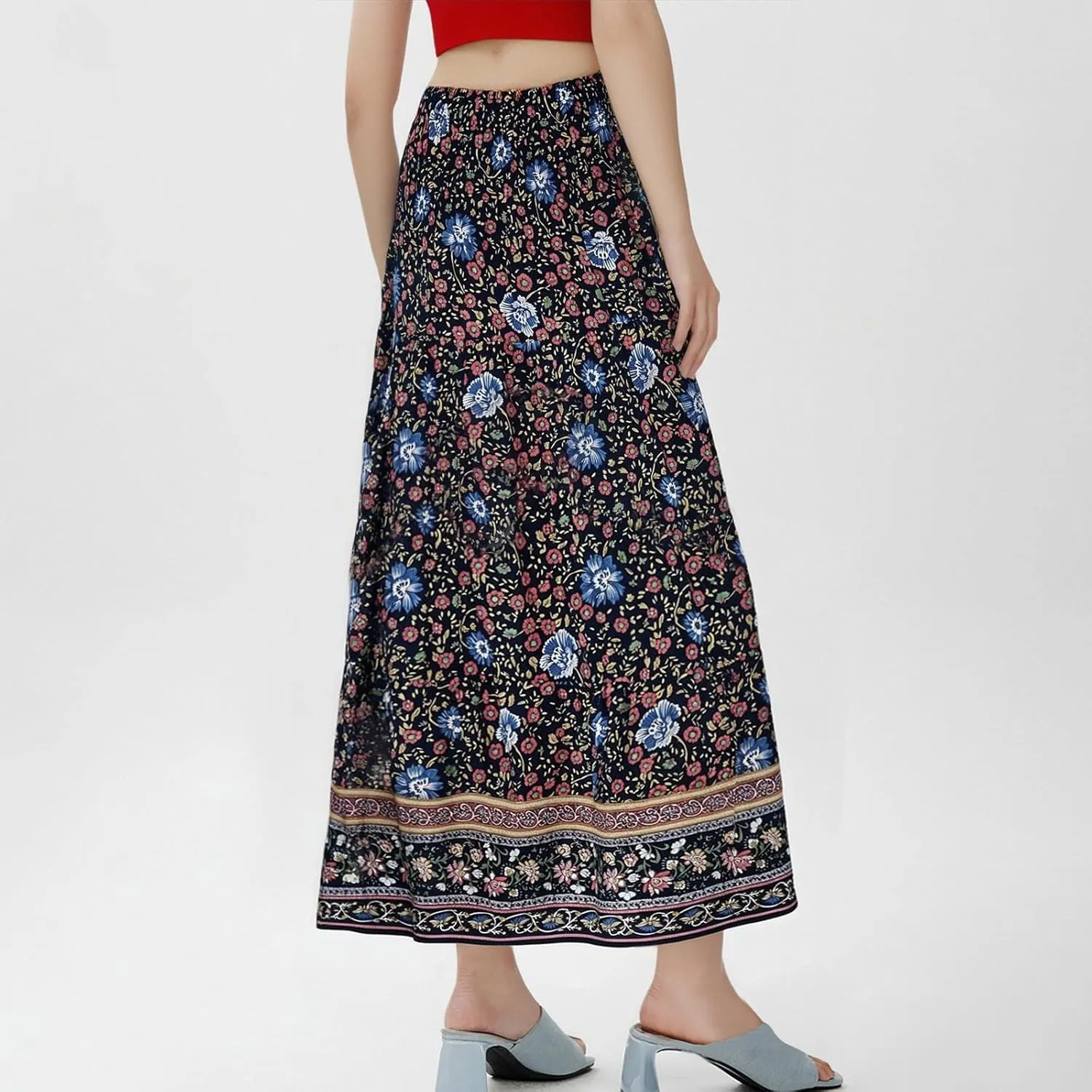 Boho Maxi Skirts for Women,2025 Summer Flowy High Waist A Line Vacation Skirt Elegant Pleated Floral Beach Skirts