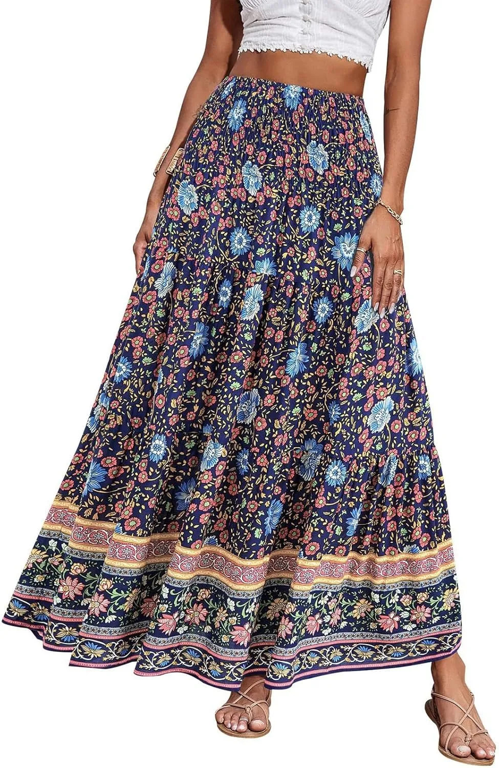 Boho Maxi Skirts for Women,2025 Summer Flowy High Waist A Line Vacation Skirt Elegant Pleated Floral Beach Skirts