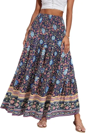 Boho Maxi Skirts for Women,2025 Summer Flowy High Waist A Line Vacation Skirt Elegant Pleated Floral Beach Skirts