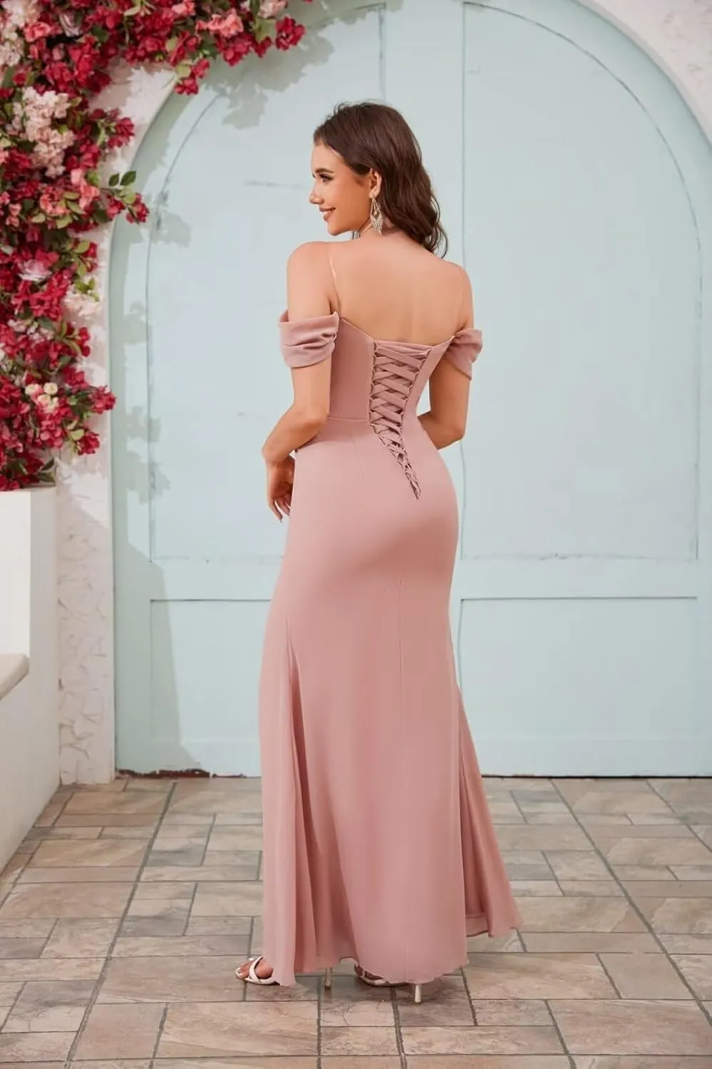 BOLENSYE Off The Shoulder Bridesmaid Dresses Long Cowl Neck Chiffon Formal Evening Party Gown with Slit