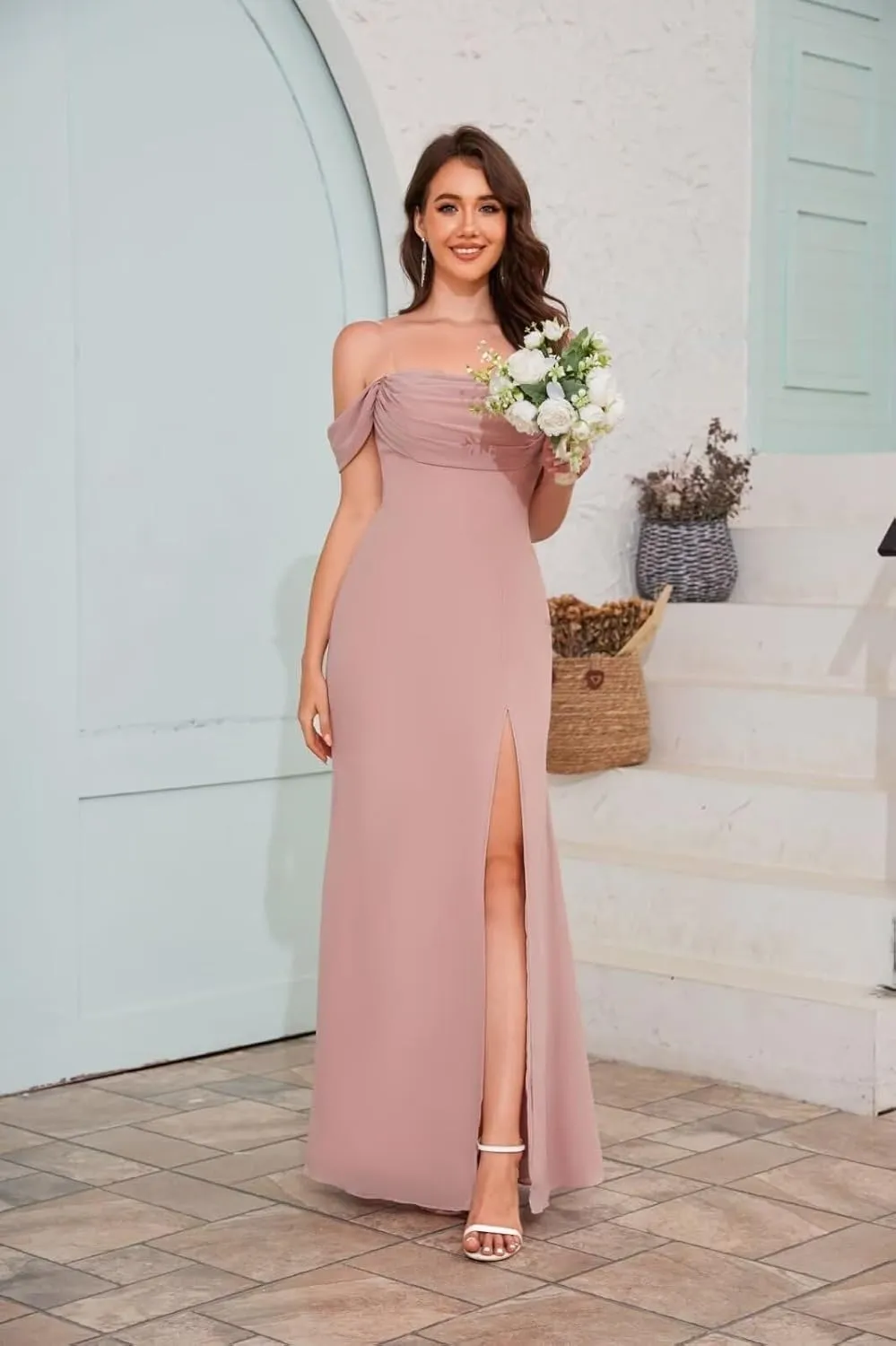 BOLENSYE Off The Shoulder Bridesmaid Dresses Long Cowl Neck Chiffon Formal Evening Party Gown with Slit