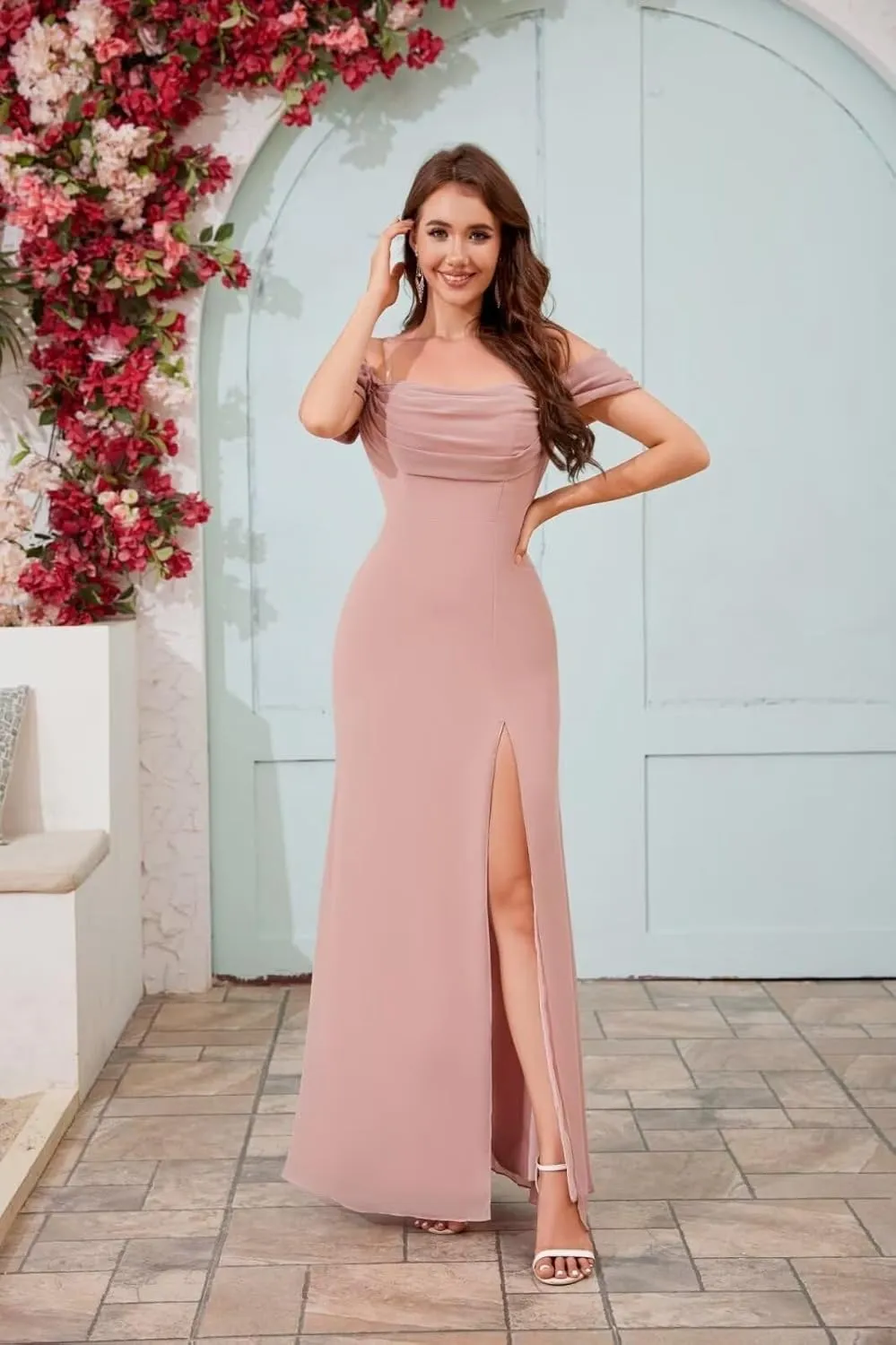 BOLENSYE Off The Shoulder Bridesmaid Dresses Long Cowl Neck Chiffon Formal Evening Party Gown with Slit