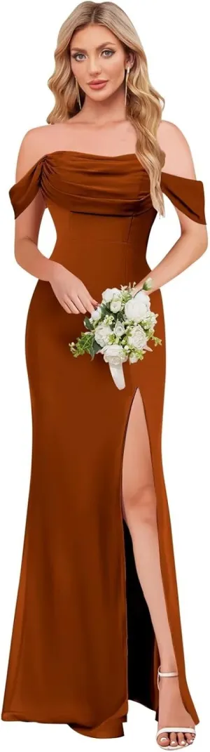 BOLENSYE Off The Shoulder Bridesmaid Dresses Long Cowl Neck Chiffon Formal Evening Party Gown with Slit