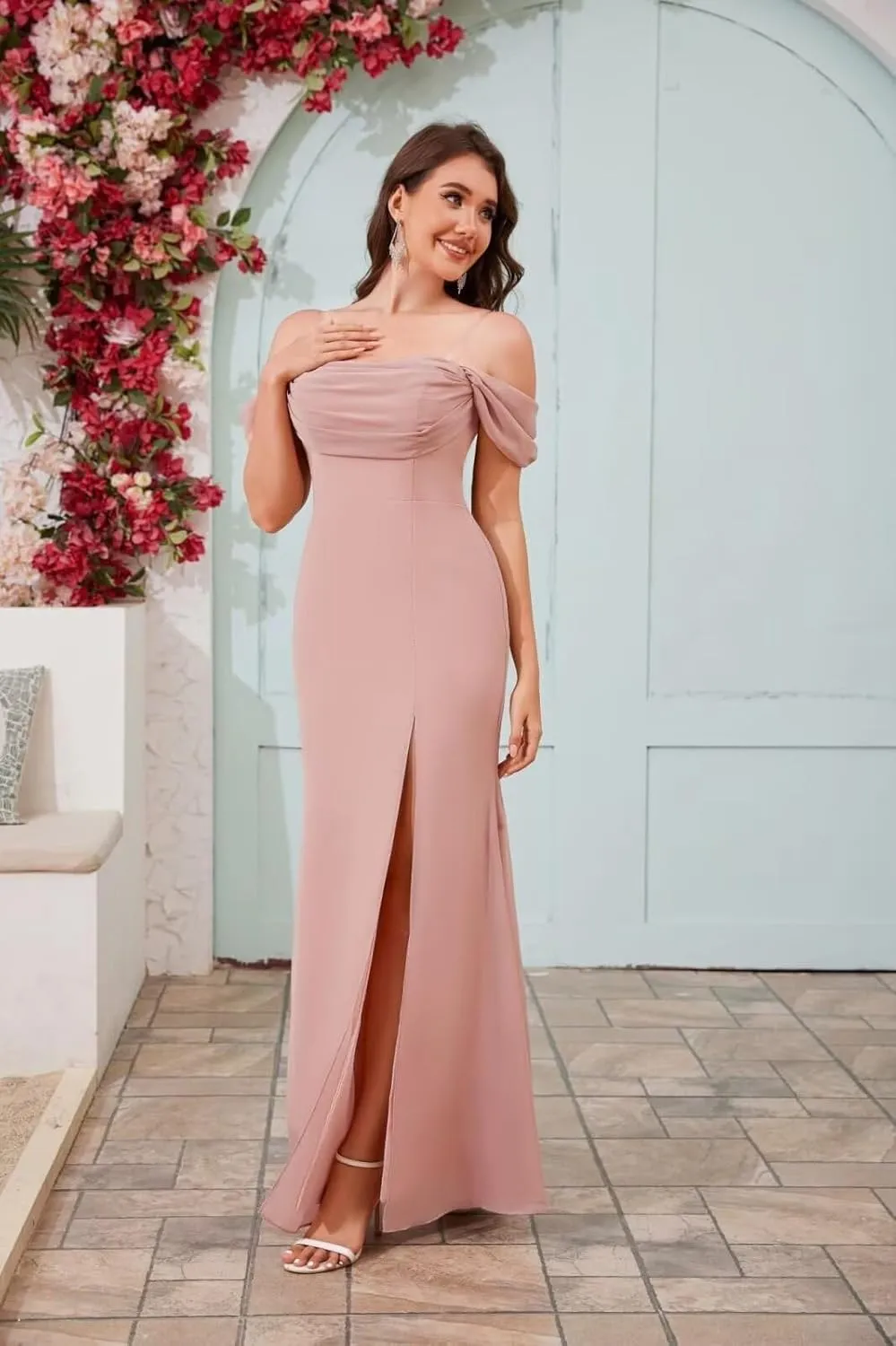BOLENSYE Off The Shoulder Bridesmaid Dresses Long Cowl Neck Chiffon Formal Evening Party Gown with Slit