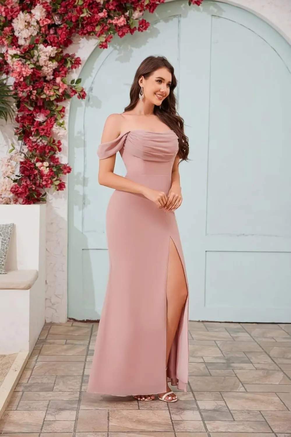 BOLENSYE Off The Shoulder Bridesmaid Dresses Long Cowl Neck Chiffon Formal Evening Party Gown with Slit